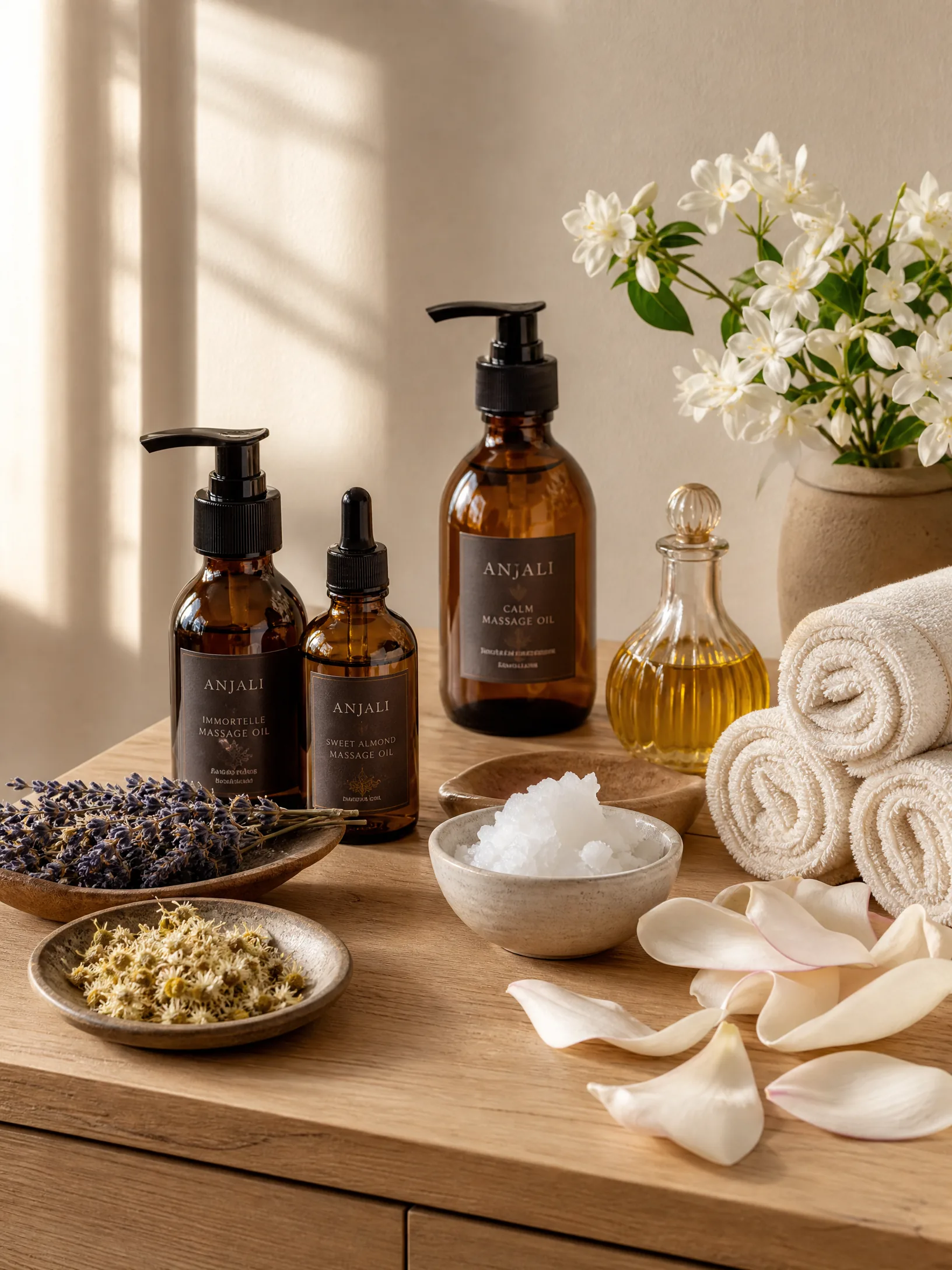 Natural massage oils and botanicals prepared for a session at Season Studio Spa